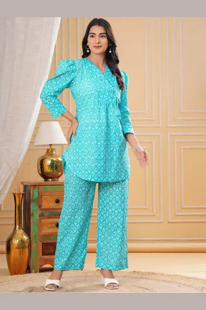Kalini Floral Printed Angrakha Style V Neck Pure Cotton Tunic & Trousers