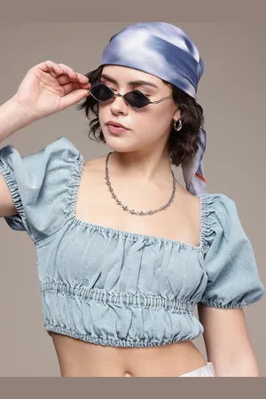 Roadster The Life Co. Pure Cotton Smocked Ruched Puff Sleeve Denim Crop Top