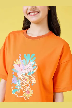 Stylo Bug Girls Floral Printed Cotton Oversized T-shirt