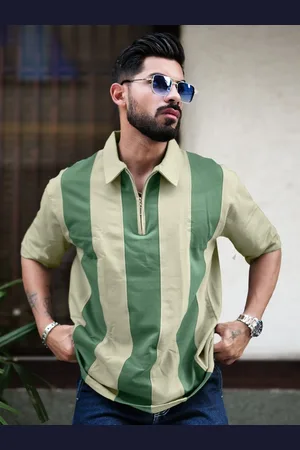 Maniac Men Striped Polo Collar Cotton Relaxed Fit T-shirt