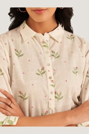Pantaloons Floral Printed Shirt Collar A-Line Pure Cotton Kurta