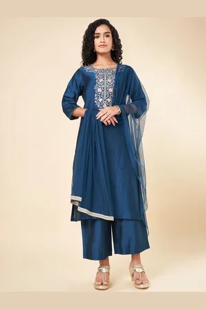 Pantaloons Women Floral Yoke Design Regular Sequinned Kurta with Trousers & With Dupatta