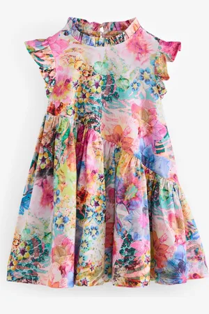 Next Girls Floral Print Pure Cotton Flutter Sleeve Fit & Flare Dress