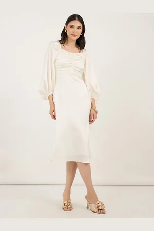 Styli Women Sweetheart Neck Ruched Bust Puffed Sleeves A-Line Midi Dress