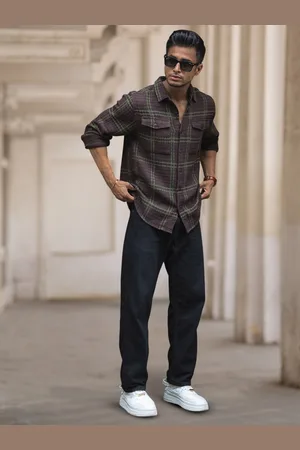 Powerlook Men Spread Collar Tartan Checked Cotton Casual Shirt