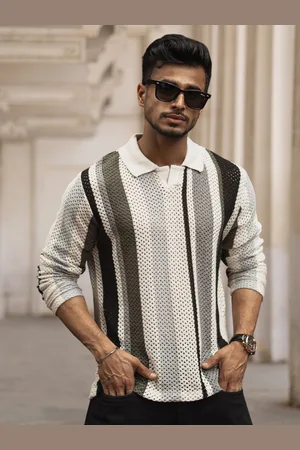 Powerlook Men Striped Printed Polo Collar Acrylic T-shirt
