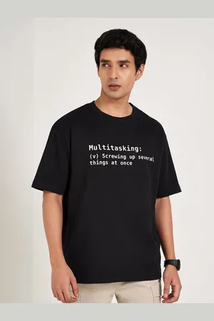 PEOPLE Men Typography Printed Round Neck Cotton Relaxed Fit T-shirt