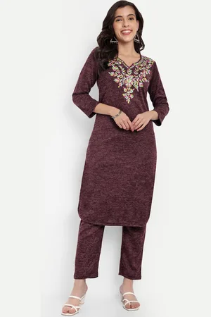 FNOCKS Floral Embroidered Pure Wool Notch-Neck Straight Kurta With Trouser