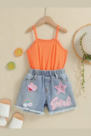 YK Girls Conversational Printed Denim Shorts
