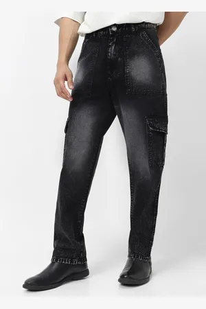 URBANO Men Cotton Black Loose Fit Cargo Jeans With 6 Pockets Non-Stretchable
