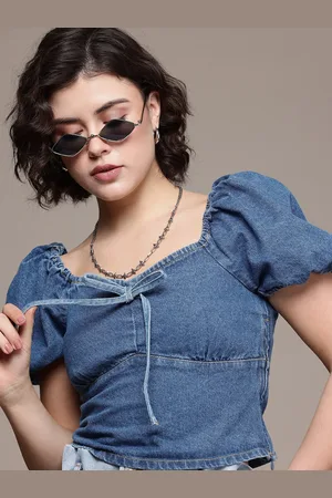Roadster The Life Co. Pure Cotton Sweetheart Neck Puff Sleeve Denim Crop Top