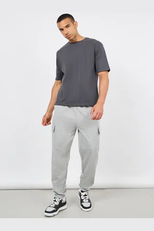 Styli Men Grey Oversized Mid-Rise Pure Cotton Cargo-Style Joggers