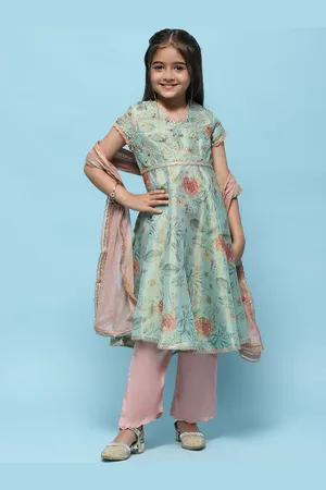 Biba Girls Floral Printed V-Neck Anarkali Tissue Kurta with Palazzos & Dupatta