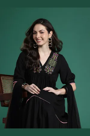Sangria Embroidered Detail A-Line Midi Ethnic Dress with Dupatta