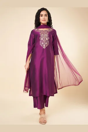 Pantaloons Floral Embroiderd Straight Kurta with Trousers & Dupatta