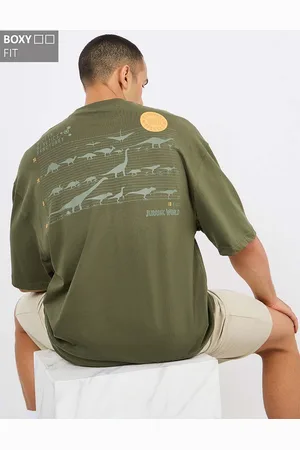 Styli Olive Green Jurrasic Park Character Back And Front Printed Boxy Cotton T-shirt