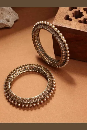 PANASH Set Of 2 Gold Plated American Diamond Studded & Beaded Bangles