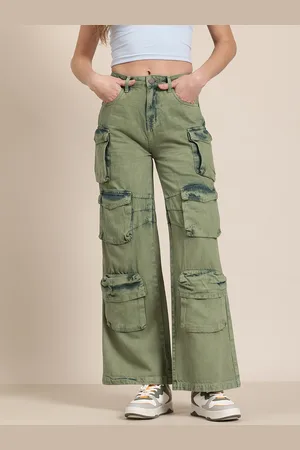 HERE&NOW Women Mid-Rise Pure Cotton Wide Leg Heavy Fade Cargo Style Jeans