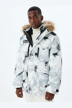 Koton Men Hooded Graphic Printed Casual Parka Jacket