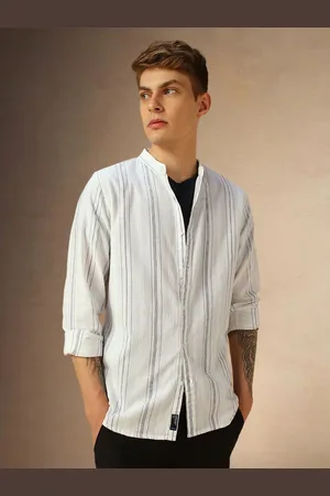 Dennis Lingo Men Comfort Mandarin Collar Vertical Striped Cotton Casual Shirt