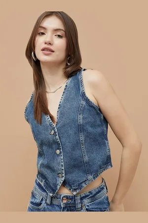 Lifestyle Women Collarless Washed Solid Cotton Casual Denim Jacket