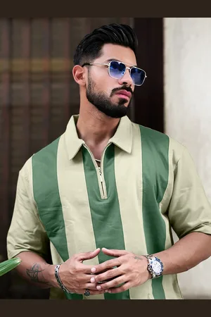 Maniac Men Striped Polo Collar Cotton Oversized T-shirt