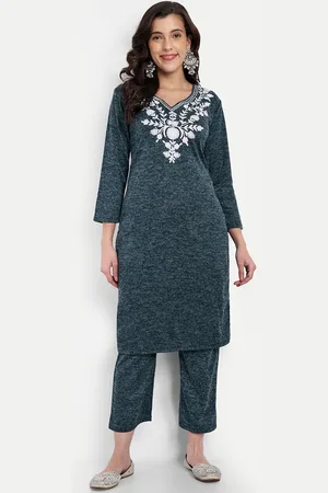 FNOCKS Floral Embroidered Pure Wool Notch-Neck Straight Kurta With Trouser