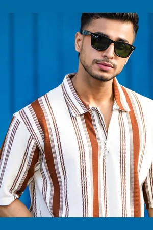 Maniac Men Striped Polo Collar Cotton Relaxed Fit T-shirt