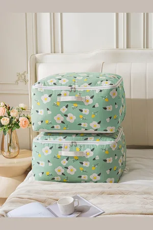 HOKIPO Green & White 2 Pieces Floral Printed Cotton Laundry Bags