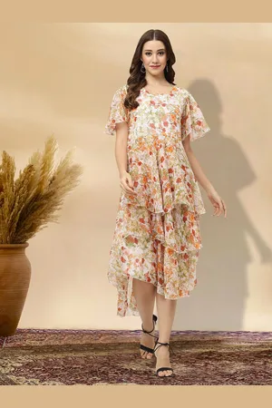 MISS AYSE Women Floral Printed Cotton Layered Fit & Flare Dress