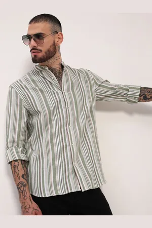 SHOWOFF Men Comfort Slim Fit Mandarin Collar Vertical Striped Cotton Casual Shirt