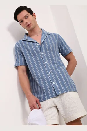 SHOWOFF Men Comfort Relaxed Fit Cuban Collar Vertical Striped Cotton Casual Shirt