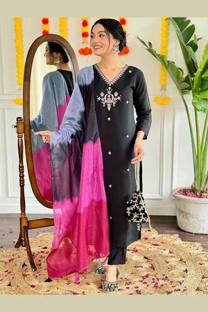 Lilots Floral Embroidered V-Neck Thread Work Straight Kurta With Trouser And Dupatta
