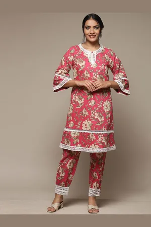 Biba Floral Printed Round Neck Pure Cotton A-Line Kurta With Trousers