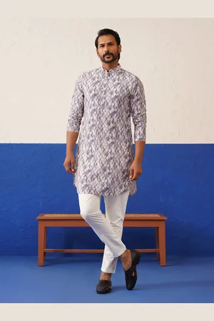 TheEthnic.Co Geometric Printed Sequinned Mandarin Collar Cotton Straight Kurta