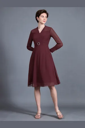 Miss Chase Women Red V-Neck Full Sleeve Solid Fit & Flare Midi Formal Dress