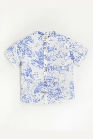 Cherry Crumble Boys Band Collar Floral Printed Cotton Casual Shirt