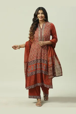 Biba Floral Printed Mandarin Collar Straight Kurta With Palazzos & Dupatta