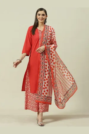 Biba Geometric Printed Pure Cotton Straight Kurta with Palazzos & Dupatta