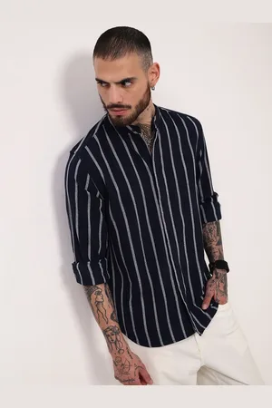 SHOWOFF Men Comfort Slim Fit Mandarin Collar Vertical Striped Cotton Casual Shirt