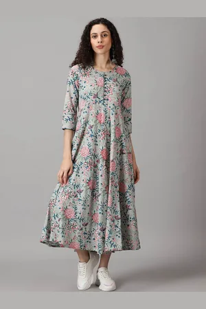 HERE&NOW Floral Printed Round Neck Anarkali Kurta