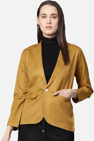 Jompers Women Mustard-Yellow Solid Single-Breasted Blazer
