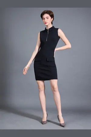 Miss Chase Women Collared Sleeveless Polyester Solid Bodycon Knee-Long Formal Dress