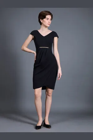 Miss Chase Women Solid V Neck Cap Sleeves Polyester Side Pocketed Knee Long Formal Dress