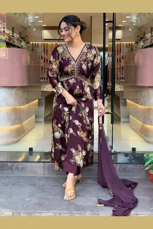 Lilots Floral Printed V-Neck Thread Work Georgette A-Line Kurta With Trouser And Dupatta