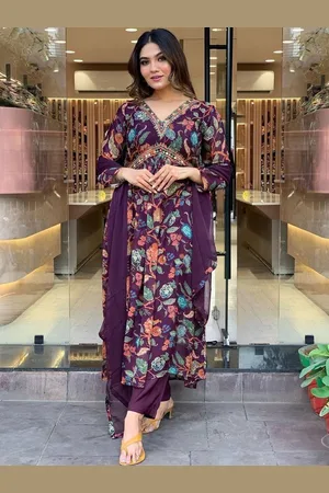 Lilots Floral Printed V-Neck Thread Work Georgette A-Line Kurta With Trouser And Dupatta