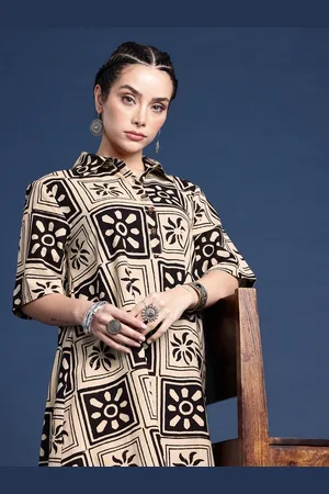 Taavi Floral Printed Shirt Collar A-line Bagru Ethnic Dress