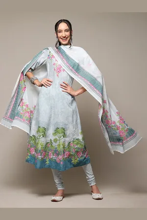 Biba Floral Printed Scoop Neck Anarkali Pure Cotton Kurta With Churidar & Dupatta