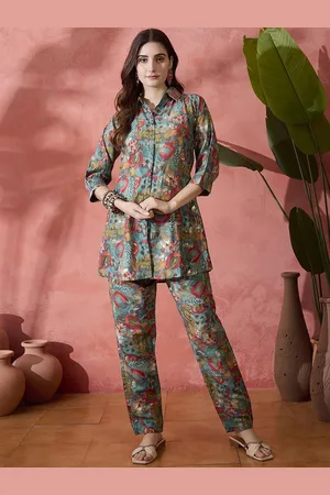Sangria Teal And Orange Printed Shirt Collar Tunic With Trouser