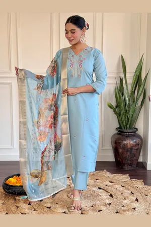 Lilots Floral Embroidered V-Neck Pleated Zari Straight Kurta With Trouser And Dupatta